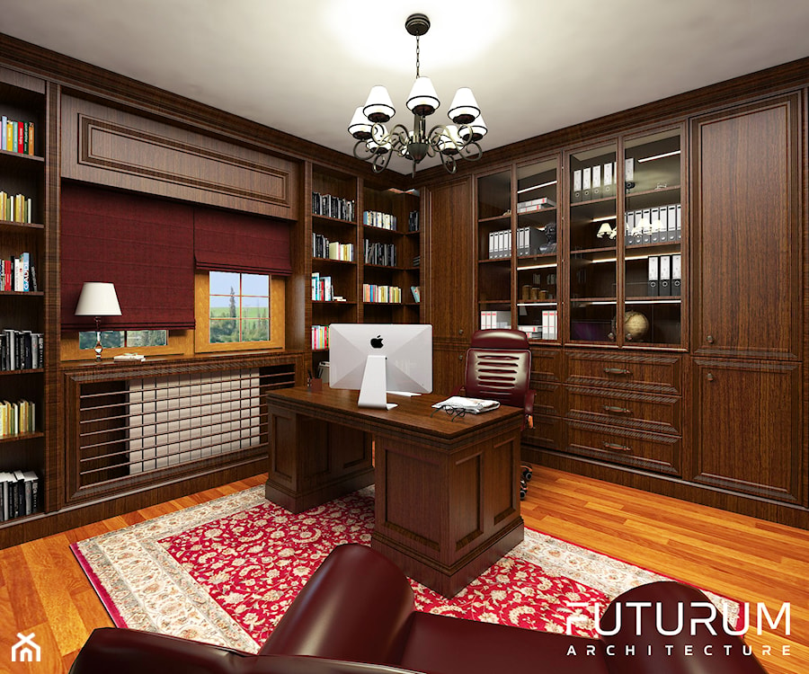 Projekt wnętrza domu pod Warszawą, styl klasyczny - Średnie z sofą biuro, styl tradycyjny - zdjęcie od FUTURUM ARCHITECTURE
