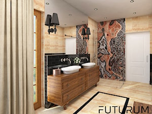 Projekt wnętrza domu pod Warszawą, styl klasyczny - Średnia z lustrem z dwoma umywalkami z marmurową podłogą z punktowym oświetleniem łazienka z oknem, styl glamour - zdjęcie od FUTURUM ARCHITECTURE