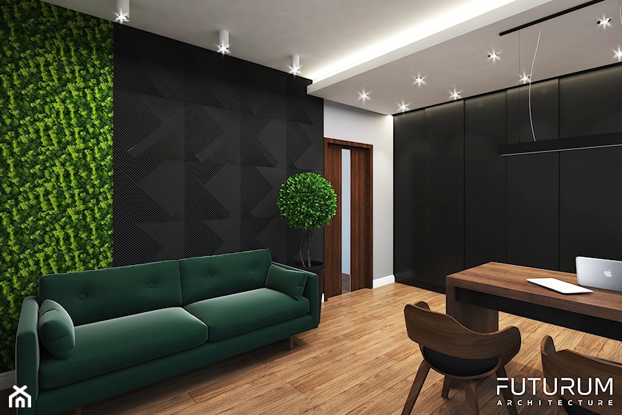 Projekt wnętrza domu jednorodzinnego, Zyrardów - Średnie w osobnym pomieszczeniu z sofą czarne szare biuro, styl nowoczesny - zdjęcie od FUTURUM ARCHITECTURE