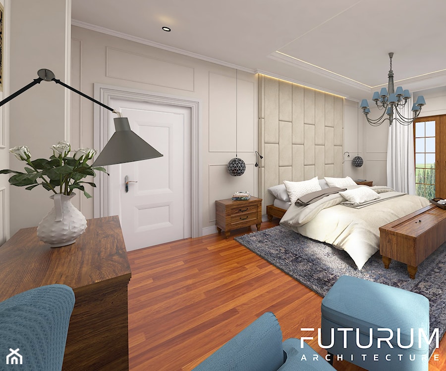 Projekt wnętrza domu pod Warszawą, styl klasyczny - Duża beżowa sypialnia z balkonem / tarasem, styl rustykalny - zdjęcie od FUTURUM ARCHITECTURE