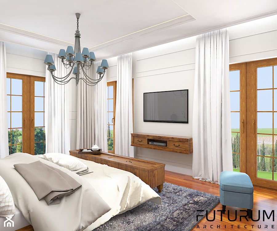 Projekt wnętrza domu pod Warszawą, styl klasyczny - Duża biała sypialnia z balkonem / tarasem, styl rustykalny - zdjęcie od FUTURUM ARCHITECTURE