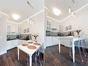 Apartament Novum - Średnia otwarta z salonem biała szara z zabudowaną lodówką kuchnia w kształcie litery l, styl tradycyjny - zdjęcie od AgiDesign