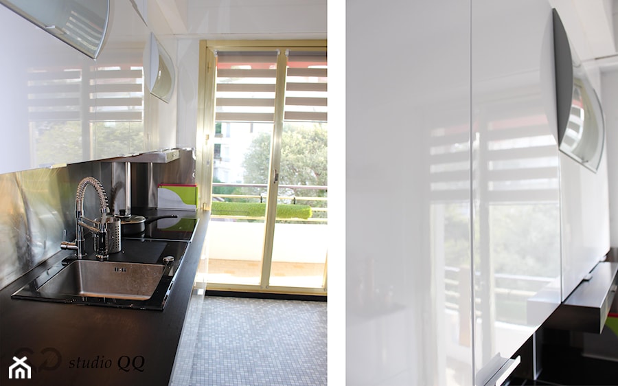 Realizacja / Apartament 110 m - Francja - Nicea - Mała otwarta czarna z zabudowaną lodówką z nablatowym zlewozmywakiem kuchnia jednorzędowa z oknem, styl nowoczesny - zdjęcie od Studio QQ Natalia Lenarczyk - Architekci & Projektanci wnętrz