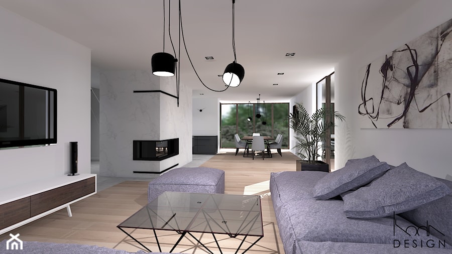 Duży biały salon z jadalnią, styl minimalistyczny - zdjęcie od KODA DESIGN studio projektowe Dawid Kotuła