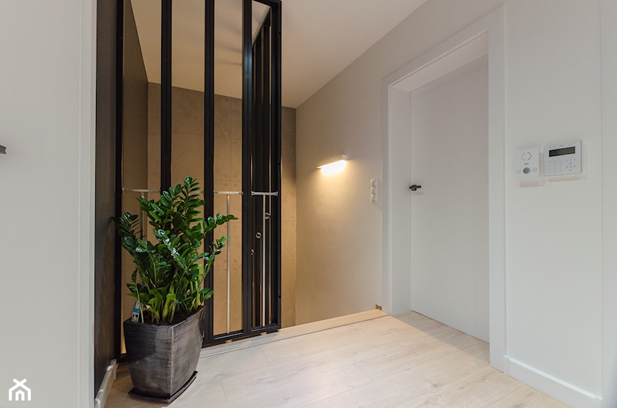 Projekt domu w okolicach Poznania ok. 120 m2 - Duży z prostokątnym lustrem biały czarny szary z lustrem na ścianie z farbą na ścianie z drzwiami bezprzylgowymi z malowanymi drzwiami z gładkimi drzwiami hol / przedpokój, styl nowoczesny - zdjęcie od Architektownia
