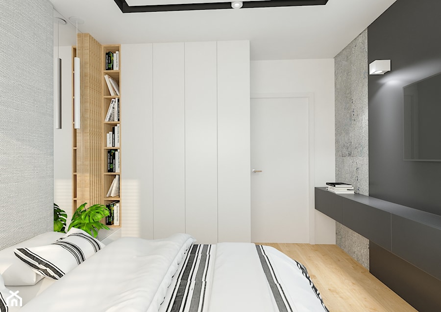 Mieszkanie 67 m2 - Warszawa - Średnia biała czarna szara sypialnia, styl nowoczesny - zdjęcie od Architektownia