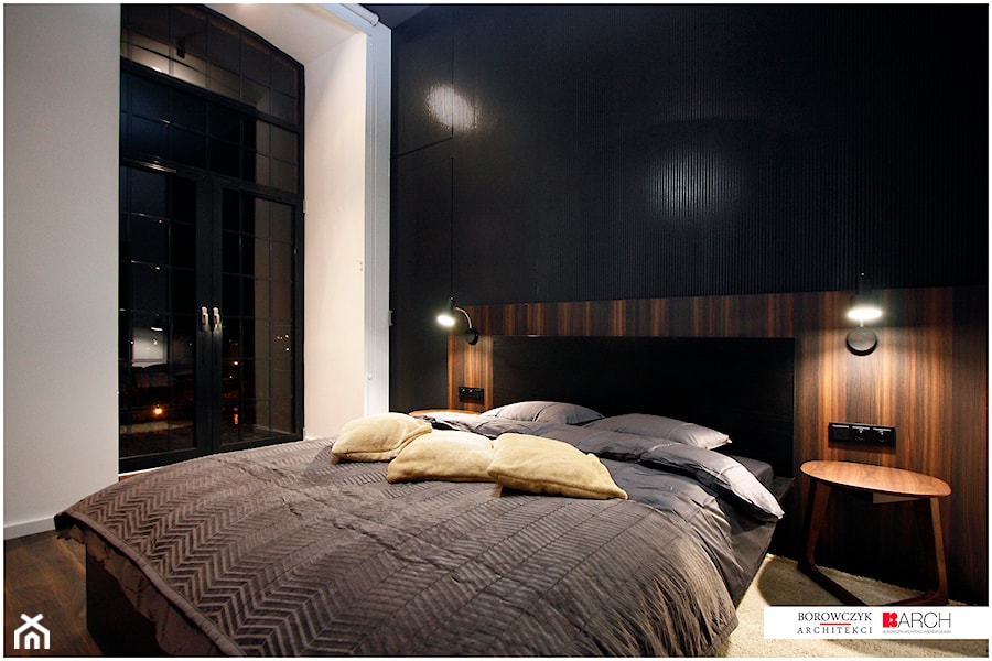 LOFT z widokiem - Mała czarna szara sypialnia, styl nowoczesny - zdjęcie od Borowczyk Architekci