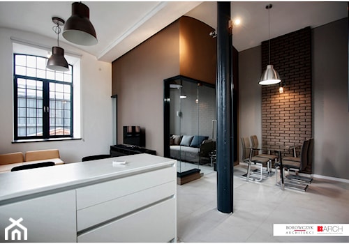 LOFT z widokiem - Mała otwarta z salonem z kamiennym blatem czarna szara kuchnia dwurzędowa, styl nowoczesny - zdjęcie od Borowczyk Architekci