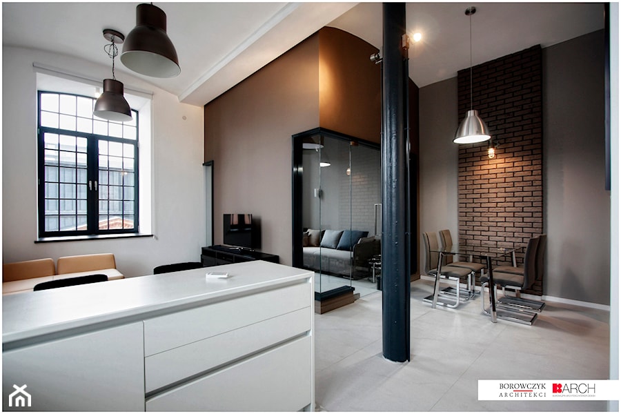 LOFT z widokiem - Mała otwarta z salonem z kamiennym blatem czarna szara kuchnia dwurzędowa, styl nowoczesny - zdjęcie od Borowczyk Architekci