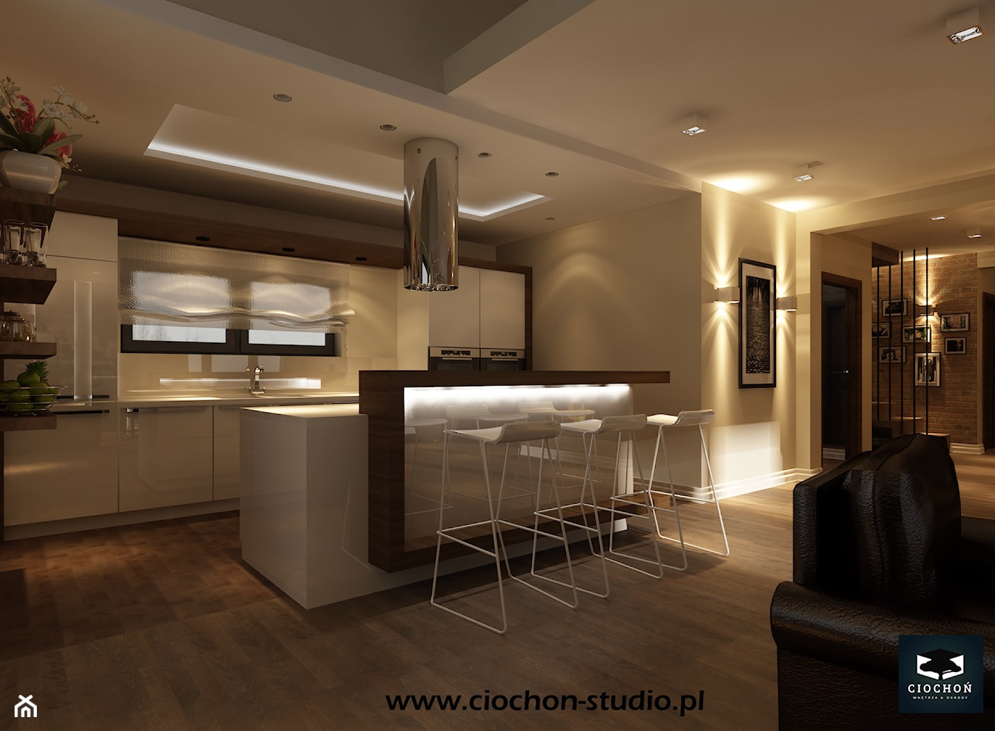 Dom IV koncepcja projektowa - Duża otwarta z salonem beżowa z zabudowaną lodówką kuchnia dwurzędowa ... - zdjęcie od Ciochoń-Studio - Homebook