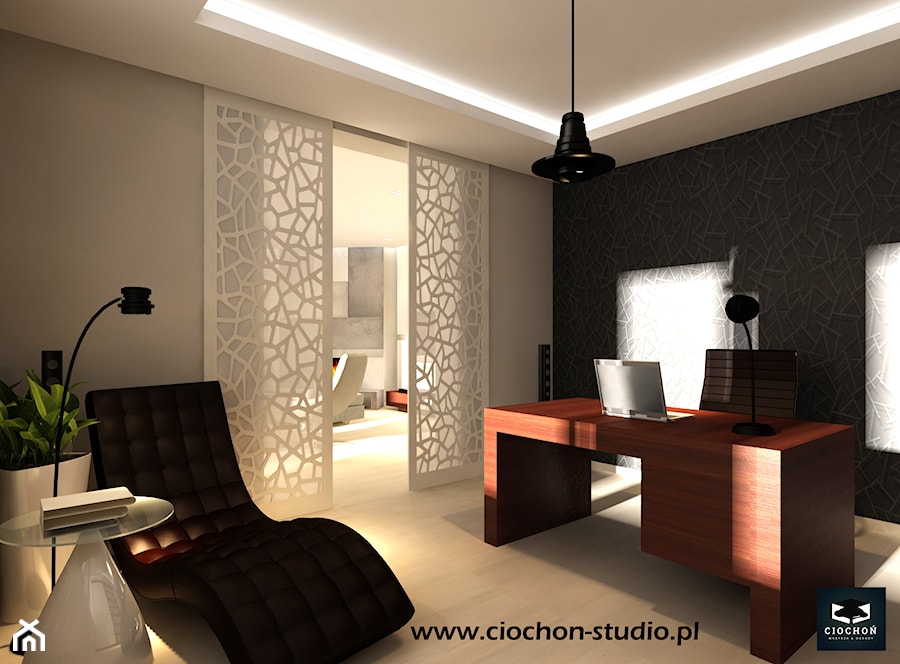Dom - aranżacje parteru - hol, kuchnia, salon, gabinet i pokój telewizyjny - Biuro, styl nowoczesny - zdjęcie od Ciochoń-Studio