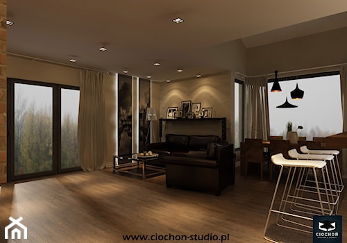 Dom IV koncepcja projektowa - Średni beżowy salon z jadalnią z tarasem / balkonem, styl nowoczesny - zdjęcie od Ciochoń-Studio