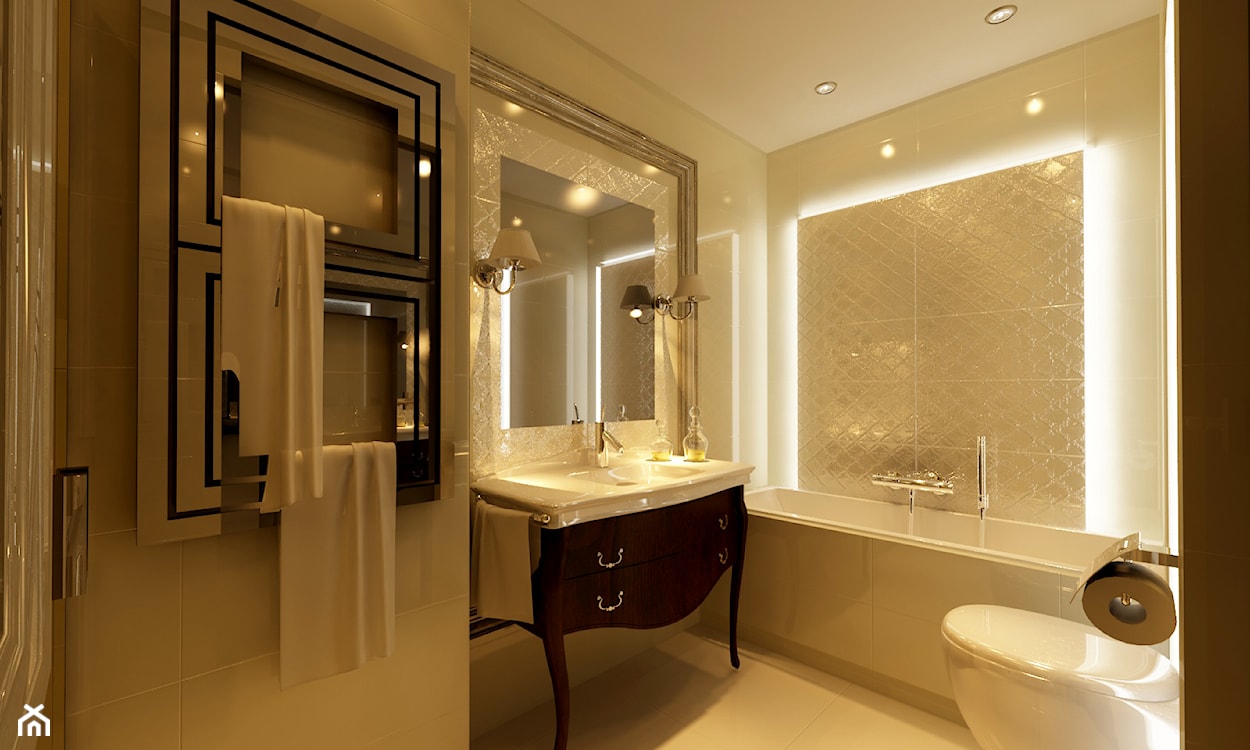 beżowa łazienka w stylu glamour, srebrny grzejnik łazienkowy, połyskujące płytki