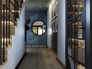 DOM W BABICACH - Średni z okrągłym lustrem biały czarny niebieski szary z lustrem na ścianie z farbą na ścianie z przeszklonymi drzwiami hol / przedpokój, styl industrialny - zdjęcie od DOKTOR HOUSE DESIGN
