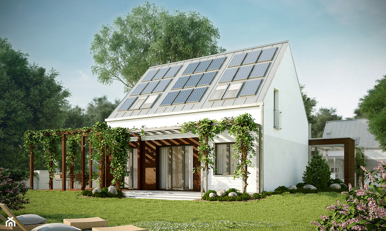 nowoczesny dom energooszczędny, biała elewacja, drewniana altana