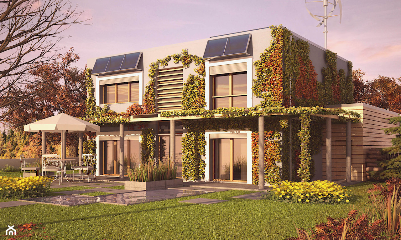 nowoczesny dom energooszczędny, pnące rośliny na elewacji