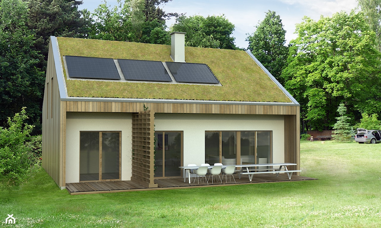 nowoczesny dom energooszczędny, baterie słoneczne na dachu, biała elewacja