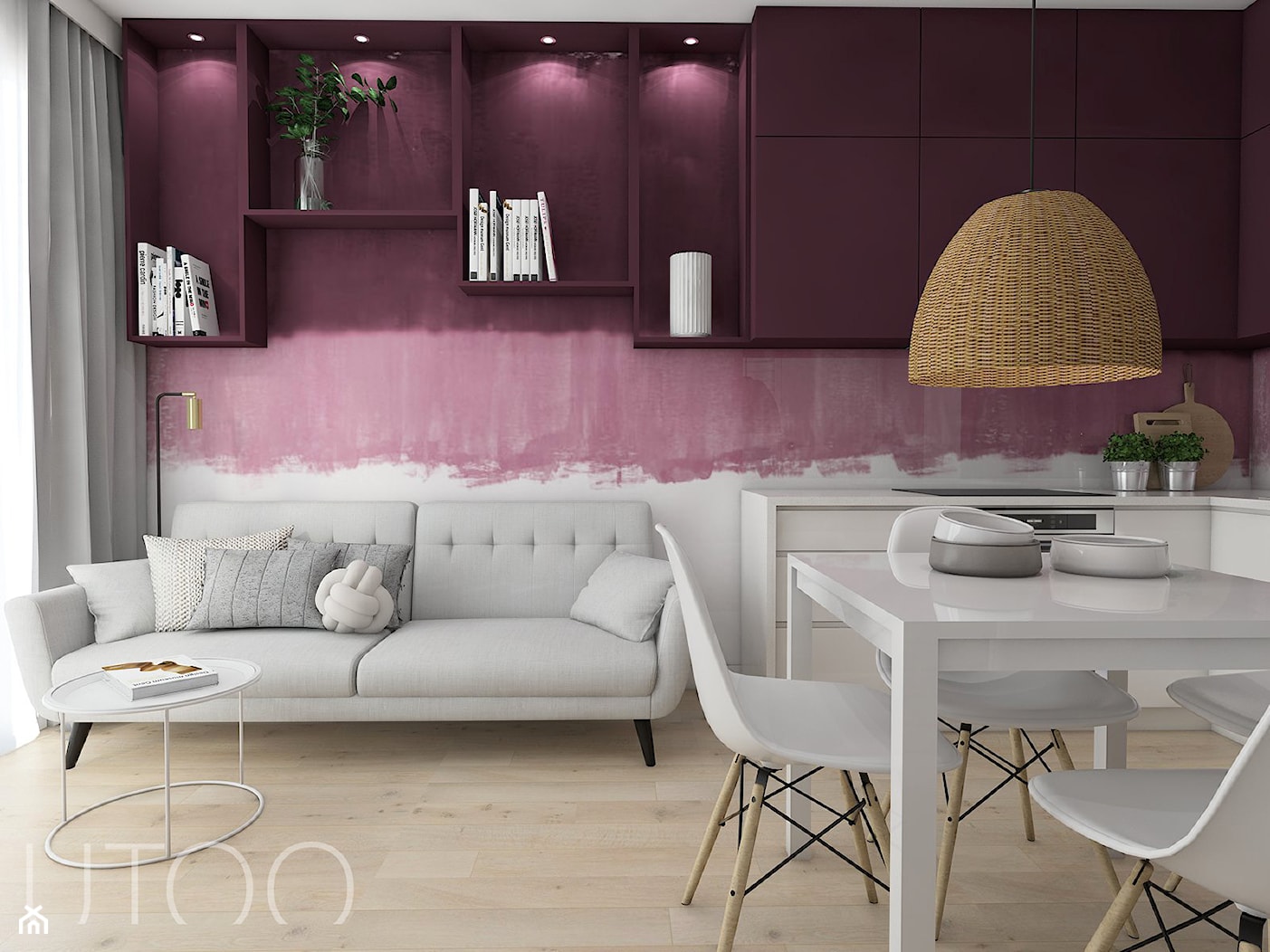 ŚLIWKOWY ZAWRÓT GŁOWY - Mały biały fioletowy różowy salon z kuchnią z jadalnią, styl skandynawski - zdjęcie od UTOO- pracownia architektury wnętrz i krajobrazu - Homebook