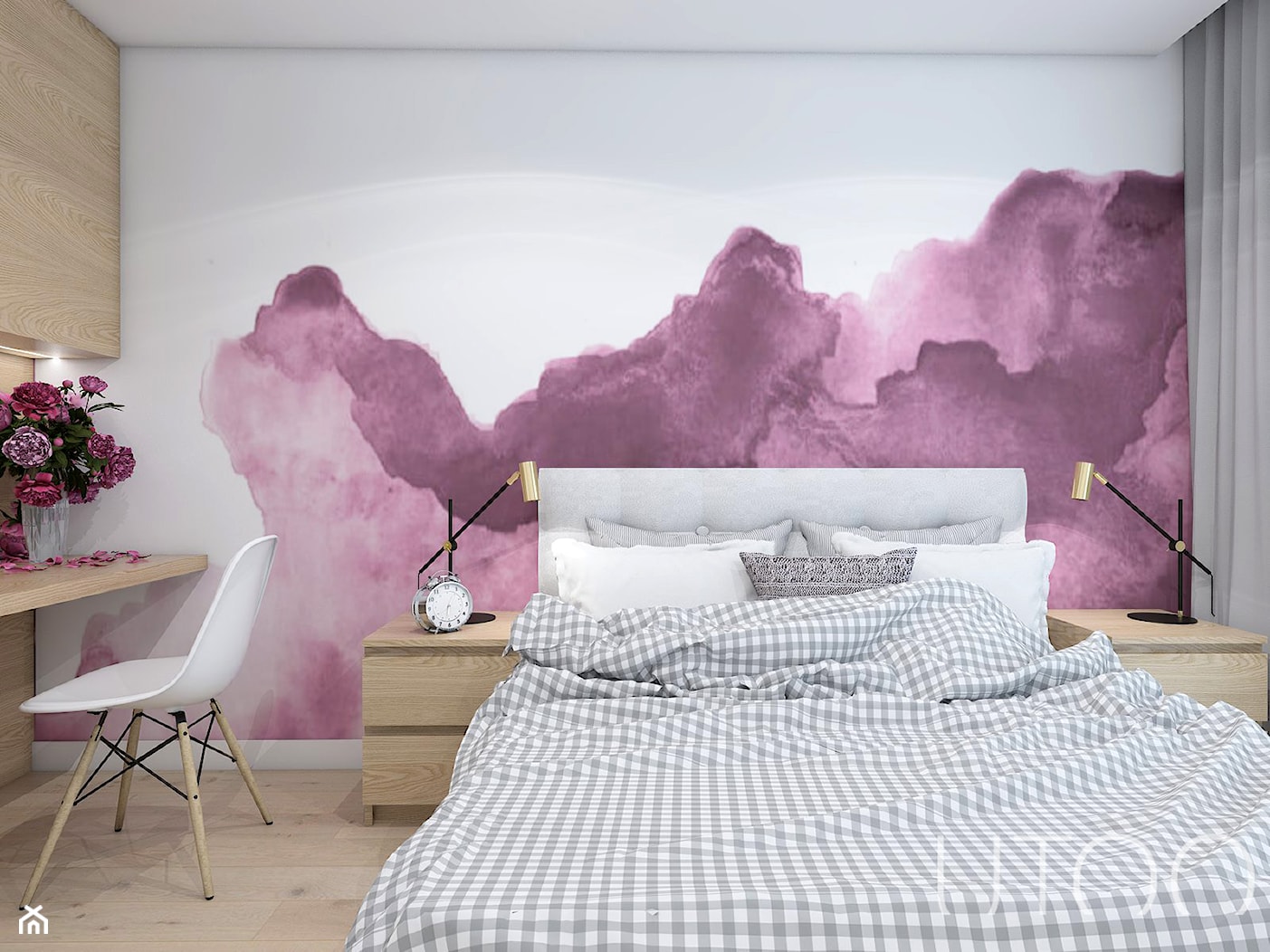 ŚLIWKOWY ZAWRÓT GŁOWY - Średnia biała fioletowa sypialnia, styl skandynawski - zdjęcie od UTOO- pracownia architektury wnętrz i krajobrazu - Homebook