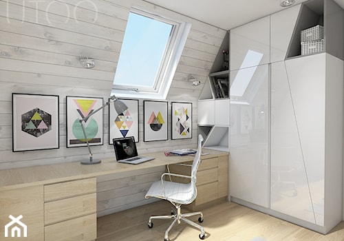 Poddasze nastolatki - Średnie z zabudowanym biurkiem białe biuro, styl skandynawski - zdjęcie od UTOO- pracownia architektury wnętrz i krajobrazu
