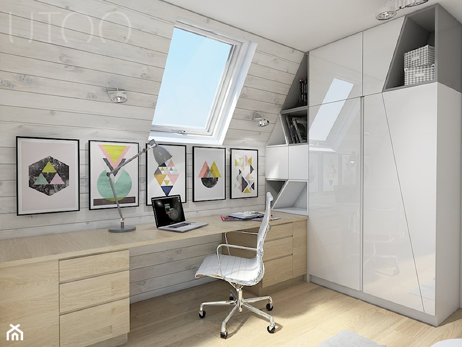 Poddasze nastolatki - Średnie z zabudowanym biurkiem białe biuro, styl skandynawski - zdjęcie od UTOO- pracownia architektury wnętrz i krajobrazu