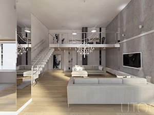 MIESZKANIE DWUPOZIOMOWE - Duży biały szary salon z antresolą, styl nowoczesny - zdjęcie od UTOO- pracownia architektury wnętrz i krajobrazu