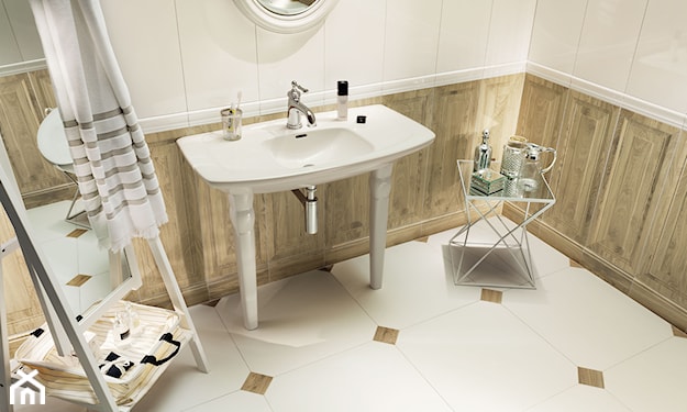 łazienka z płytkami tubądzin i drewnem 