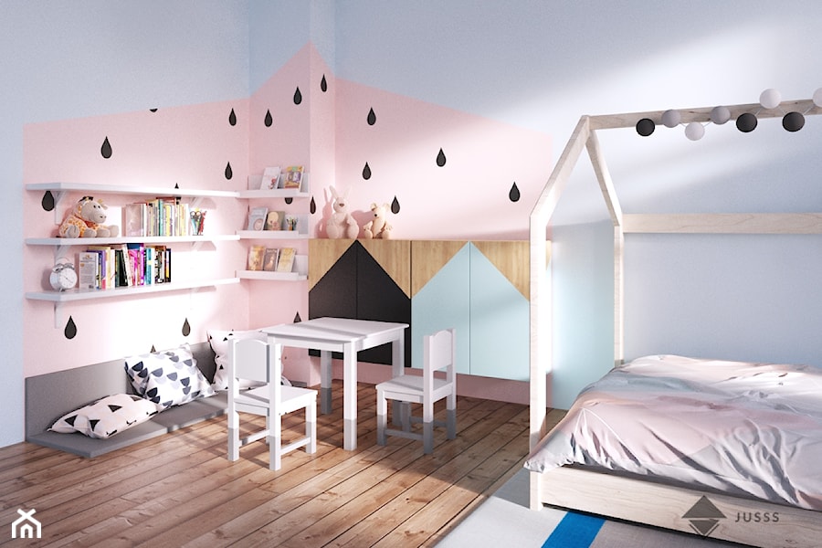 pokój dziecięcy - Średni różowy niebieski pokój dziecka dla dziecka dla dziewczynki, styl skandynawski - zdjęcie od JUSSS