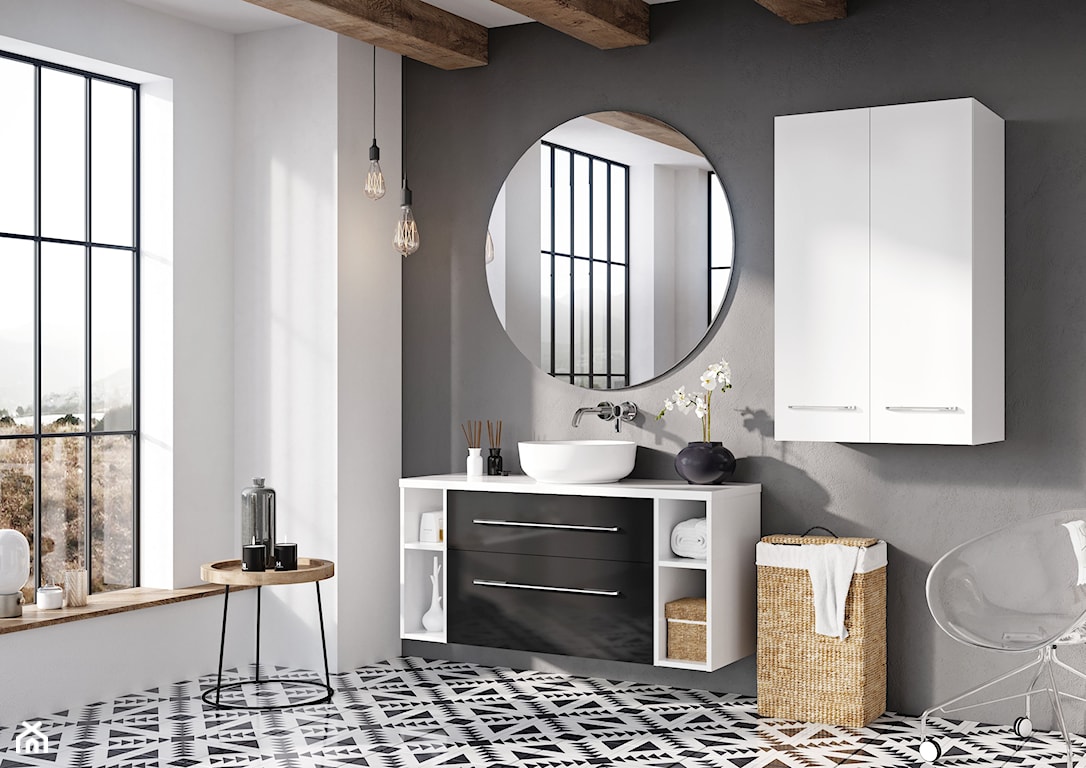 Okrągła biała umywalka nablatowa, beton architektoniczny na ścianie w łazience, płytki w geometryczne wzory, czarno-białe płytki podłogowe