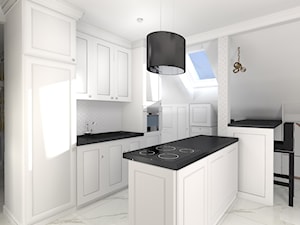 projekt domu w stylu glamour - Średnia otwarta z kamiennym blatem biała z zabudowaną lodówką z podblatowym zlewozmywakiem kuchnia dwurzędowa z oknem, styl glamour - zdjęcie od Studio Artino