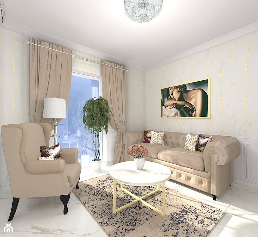 projekt domu w stylu glamour - Średni biały salon, styl glamour - zdjęcie od Studio Artino