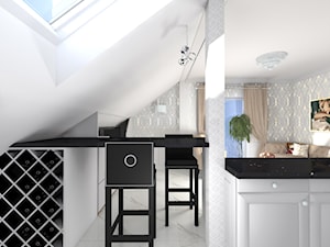 projekt domu w stylu glamour - Mała otwarta z kamiennym blatem biała z zabudowaną lodówką kuchnia jednorzędowa z wyspą lub półwyspem z oknem, styl glamour - zdjęcie od Studio Artino