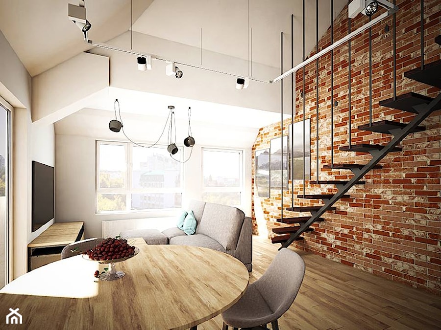 Mieszkanie w indystrialnym stylu - Mały szary salon z jadalnią, styl industrialny - zdjęcie od MASTERHOME GROUP
