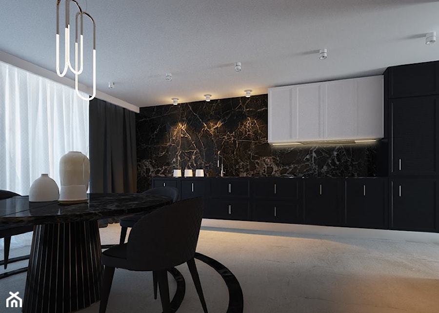 Dom 154 m2 - Duża otwarta czarna szara z zabudowaną lodówką kuchnia jednorzędowa z oknem z marmurem nad blatem kuchennym, styl nowoczesny - zdjęcie od MASTERHOME GROUP