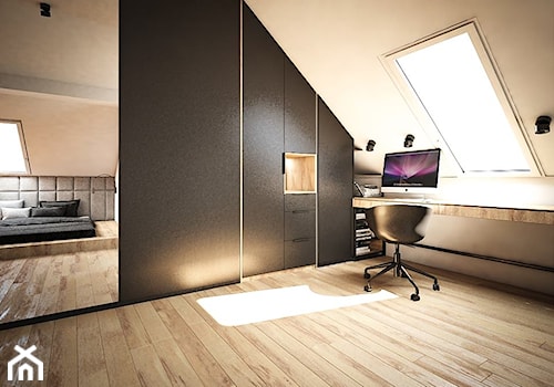 Mieszkanie w indystrialnym stylu - Duża szara z biurkiem sypialnia na poddaszu, styl industrialny - zdjęcie od MASTERHOME GROUP