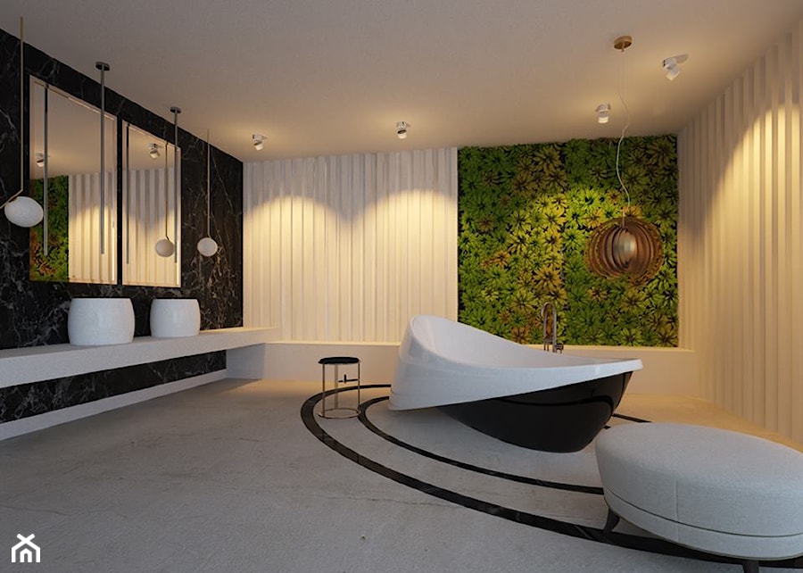 Dom 154 m2 - Duża jako pokój kąpielowy z lustrem z dwoma umywalkami z punktowym oświetleniem łazienka, styl nowoczesny - zdjęcie od MASTERHOME GROUP