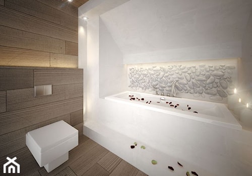 Projekt łazienki - Średnia na poddaszu bez okna z punktowym oświetleniem łazienka z oknem, styl minimalistyczny - zdjęcie od MASTERHOME GROUP