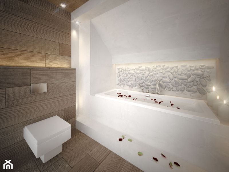 Projekt łazienki - Średnia na poddaszu bez okna z punktowym oświetleniem łazienka z oknem, styl minimalistyczny - zdjęcie od MASTERHOME GROUP