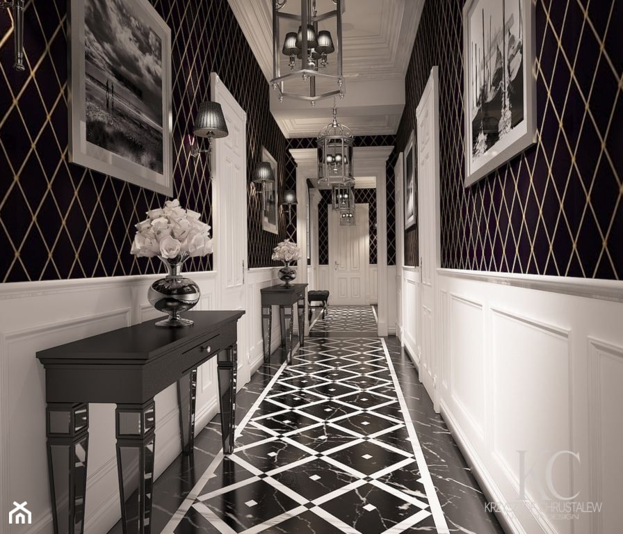 Mokotowska 8 Hall - Duży biały czarny hol / przedpokój, styl tradycyjny - zdjęcie od KCDESIGN