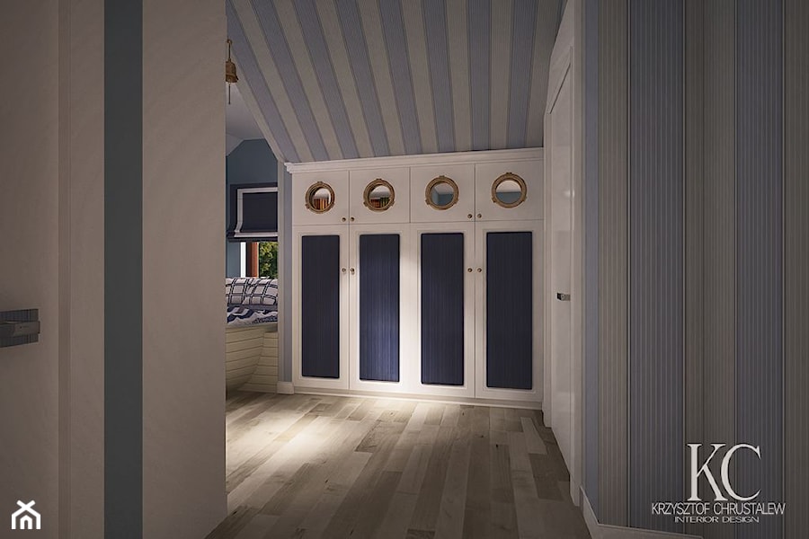Pokój Marynarski - Duży biały niebieski z łóżkiem pokój dziecka dla dziecka dla nastolatka dla chłopca dla dziewczynki, styl glamour - zdjęcie od KCDESIGN