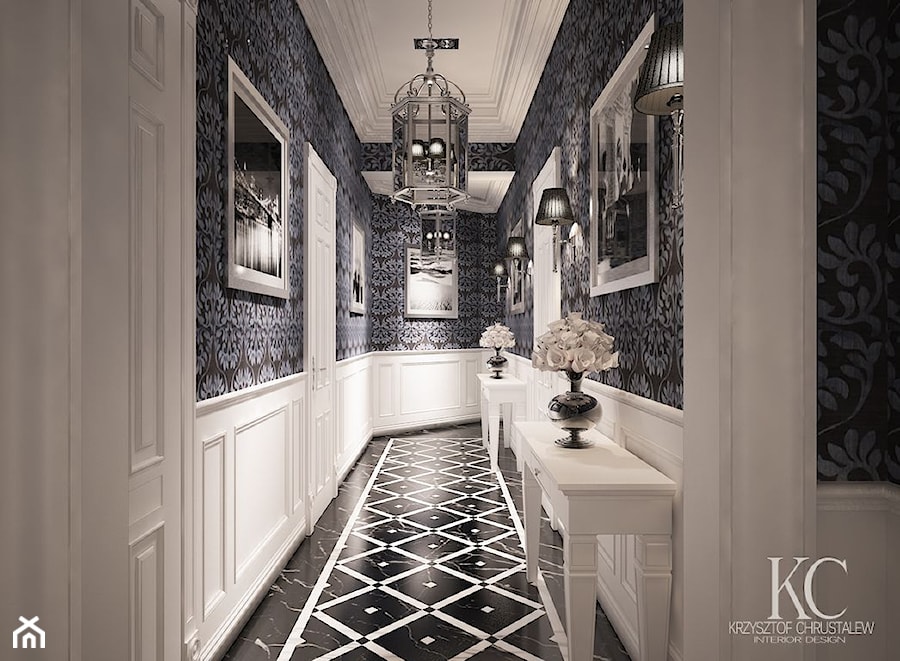 Mokotowska 8 Hall - Duży biały czarny niebieski z marmurem na podłodze hol / przedpokój, styl tradycyjny - zdjęcie od KCDESIGN