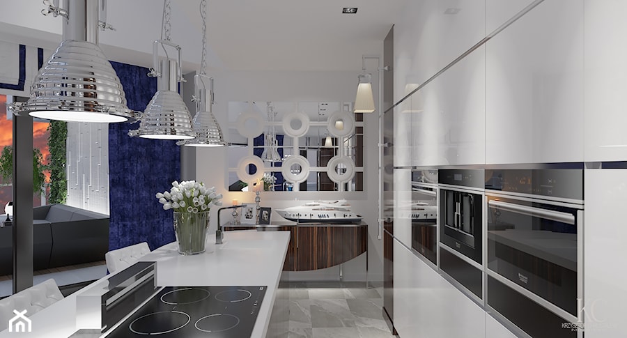 Średnia zamknięta biała z zabudowaną lodówką kuchnia jednorzędowa, styl nowoczesny - zdjęcie od KCDESIGN