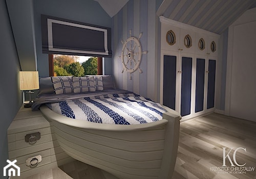 Pokój Marynarski - Średni biały niebieski z łóżkiem pokój dziecka dla nastolatka dla chłopca, styl glamour - zdjęcie od KCDESIGN