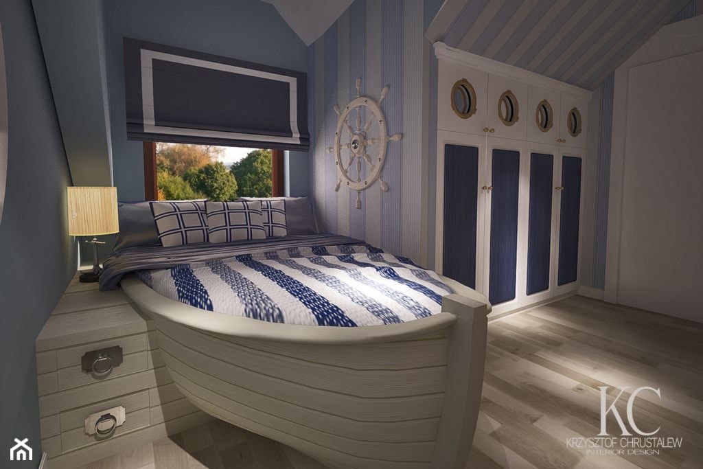 Pokój Marynarski - Średni biały niebieski z łóżkiem pokój dziecka dla nastolatka dla chłopca, styl glamour - zdjęcie od KCDESIGN - Homebook