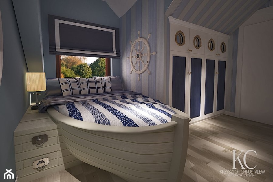 Pokój Marynarski - Średni biały niebieski z łóżkiem pokój dziecka dla nastolatka dla chłopca, styl glamour - zdjęcie od KCDESIGN
