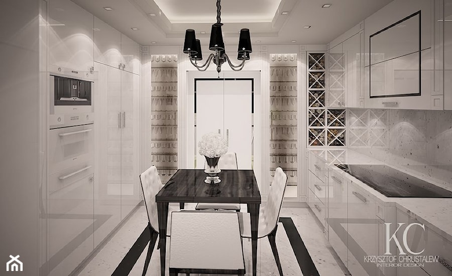 Kuchnia Glamour - Średnia otwarta biała z zabudowaną lodówką kuchnia dwurzędowa z kompozytem na ścianie nad blatem kuchennym, styl glamour - zdjęcie od KCDESIGN
