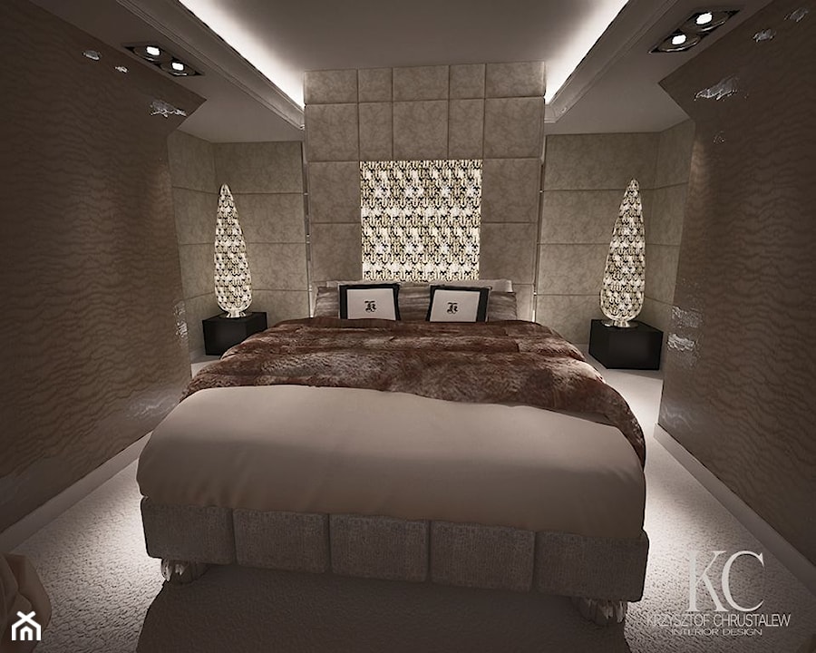 Sypialnia Glamour - Średnia beżowa szara sypialnia, styl glamour - zdjęcie od KCDESIGN