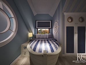 Pokój Marynarski - Średni biały niebieski z łóżkiem pokój dziecka dla dziecka dla nastolatka dla chł ... - zdjęcie od KCDESIGN