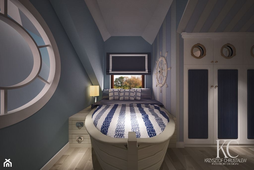 Pokój Marynarski - Średni biały niebieski z łóżkiem pokój dziecka dla dziecka dla nastolatka dla chłopca dla dziewczynki, styl glamour - zdjęcie od KCDESIGN - Homebook