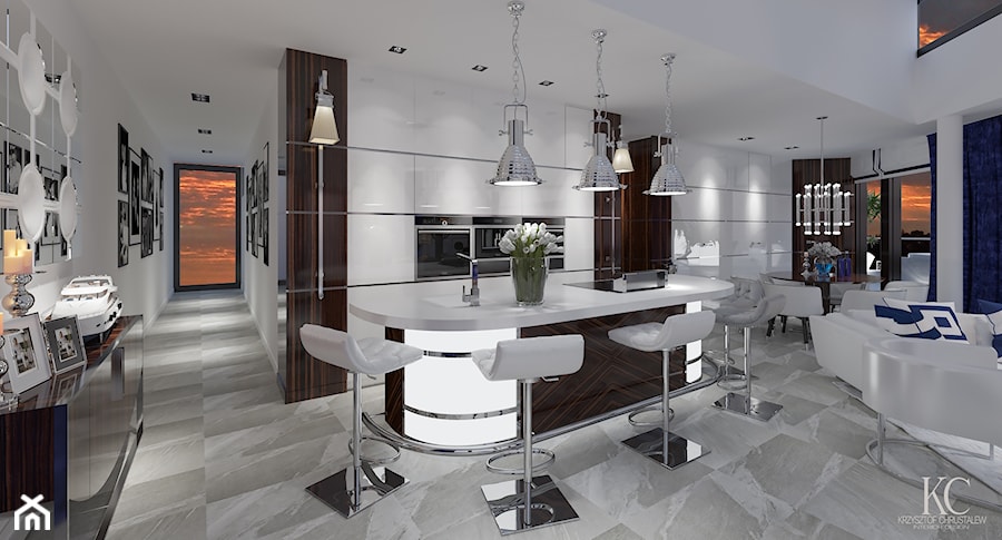 Średni biały czarny salon z kuchnią z jadalnią, styl nowoczesny - zdjęcie od KCDESIGN